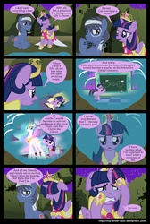 Size: 2000x2978 | Tagged: safe, artist:mlp-silver-quill, clover the clever, princess celestia, twilight sparkle, oc, oc:clutterstep, alicorn, earth pony, pony, unicorn, comic:a princess' tears, g4, canon x oc, comic, crying, despair, female, labyrinth, male, mare, night, pond, princess celestia's school for gifted unicorns, runny nose, sad, stallion, twilight sparkle (alicorn), unicorn twilight, water