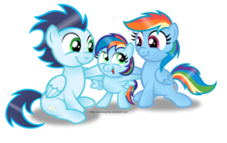 Size: 1024x647 | Tagged: safe, artist:aleximusprime, rainbow dash, soarin', oc, oc:violet, g4, commission, daddy soarin', family, female, foal, male, momma dash, offspring, parent:rainbow dash, parent:soarin', parents:soarindash, ship:soarindash, shipping, simple background, straight, transparent background
