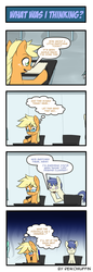 Size: 525x1523 | Tagged: dead source, safe, artist:reikomuffin, applejack, lyra heartstrings, oc, earth pony, pony, g4, blushing, comic, embarrassed, glasses, pencil, thought bubble