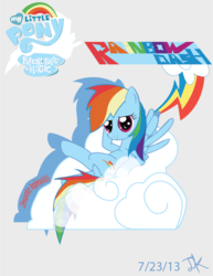 Size: 612x794 | Tagged: safe, artist:applejackv3, rainbow dash, pegasus, pony, g4, cloud, female, hoof on head, looking at you, mare, on a cloud, signature, sitting, sitting on a cloud, smiling, smiling at you, solo, spread wings, wings