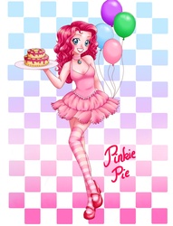 Size: 1395x1827 | Tagged: safe, artist:nekomeizumi, pinkie pie, human, g4, balloon, cake, clothes, crossed legs, female, humanized, necklace, solo, stockings