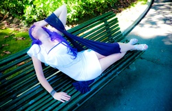 Size: 2560x1652 | Tagged: safe, artist:bannanadreams, rarity, human, g4, bench, cosplay, irl, irl human, photo, solo