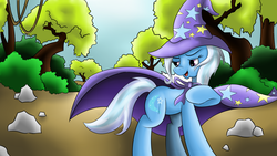 Size: 1920x1080 | Tagged: safe, artist:nyunimu, trixie, pony, unicorn, g4, everfree forest, female, mare, solo