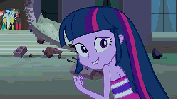 Size: 576x324 | Tagged: safe, screencap, twilight sparkle, alicorn, equestria girls, g4, my little pony equestria girls, adorkable, animated, bare shoulders, bareback, canterlot high, cute, fall formal outfits, grin, high heel boots, nervous chuckle, reaction image, sheepish grin, sleeveless, smiling, strapless, twilight ball dress, twilight sparkle (alicorn)