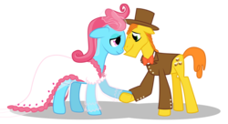 Size: 1372x748 | Tagged: safe, artist:anarchemitis, carrot cake, cup cake, earth pony, pony, g4, clothes, dress, female, hat, holding hooves, male, mare, simple background, stallion, suit, top hat, transparent background, vector, wedding, wedding dress, younger