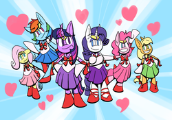 Size: 750x525 | Tagged: safe, artist:php154, applejack, fluttershy, pinkie pie, rainbow dash, rarity, twilight sparkle, pony, g4, bipedal, sailor ponies, sailor uniform, sunburst background