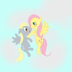 Size: 1000x1000 | Tagged: safe, artist:kodok37, derpy hooves, fluttershy, pegasus, pony, g4, :o, blushing, derpyshy, duo, eye contact, female, floppy ears, flying, lesbian, mare, shipping, smiling, spread wings