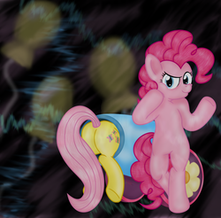 Size: 1405x1385 | Tagged: safe, artist:inurantchan, fluttershy, pinkie pie, earth pony, pony, g4, bipedal, butt, duo, female, mare, partillery, party cannon, plot, pony cannonball