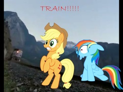 Size: 905x678 | Tagged: safe, artist:jennafan1234, applejack, rainbow dash, g4, atomic train, faic, floppy ears, frown, gritted teeth, oh crap, rearing, scared, sitting, stand by me (film), wide eyes