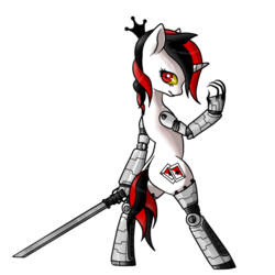 Size: 894x894 | Tagged: safe, artist:shark-sheep, oc, oc only, oc:blackjack, cyborg, pony, unicorn, fallout equestria, fallout equestria: project horizons, amputee, crown, cybernetic legs, level 1 (project horizons), solo, sword