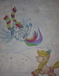 Size: 413x530 | Tagged: safe, artist:penkatshi, applejack, rainbow dash, g4, clothes, hat, scarf, snow, snowfall, traditional art