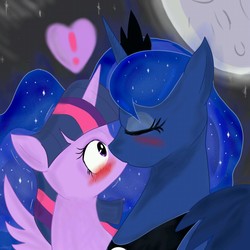 Size: 1280x1280 | Tagged: safe, artist:doubt, princess luna, twilight sparkle, alicorn, pony, g4, blushing, duo, female, kiss on the lips, kissing, lesbian, mare, ship:twiluna, shipping, surprise kiss, twilight sparkle (alicorn)