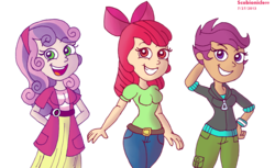 Size: 2124x1300 | Tagged: safe, artist:scobionicle99, apple bloom, scootaloo, sweetie belle, equestria girls, g4, arm behind back, belt, bow, breasts, bust, child, clothes, cutie mark crusaders, denim, female, grin, hair, hair bow, hairband, hand on hip, hands behind back, happy, head tilt, hoodie, jacket, jeans, long hair, open mouth, open smile, pants, puffy sleeves, shirt, skirt, smiling, sweater, teeth, top, wristband, younger, zipper