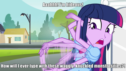 Size: 960x540 | Tagged: safe, edit, edited screencap, screencap, twilight sparkle, equestria girls, g4, my little pony equestria girls, female, hand, homestar runner, image macro, meme, no hooves, solo