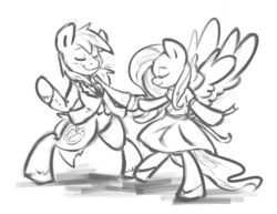 Size: 1800x1390 | Tagged: safe, artist:leadhooves, big macintosh, fluttershy, earth pony, pony, g4, bipedal, clothes, dancing, dress, eyes closed, female, grayscale, holding hooves, male, monochrome, ship:fluttermac, shipping, simple background, straight, suit, white background