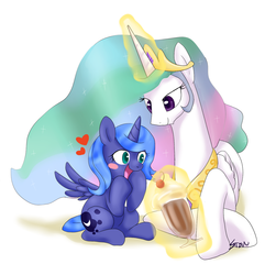 Size: 1158x1200 | Tagged: safe, artist:sion, princess celestia, princess luna, g4, filly, milkshake, woona