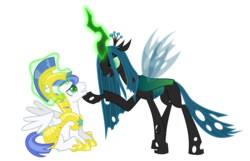 Size: 1244x800 | Tagged: safe, artist:the smiling pony, queen chrysalis, changeling, changeling queen, pegasus, pony, g4, crying, drool, hypnosis, royal guard, simple background, smiling, tongue out, transparent background