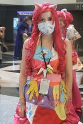 Size: 2592x3888 | Tagged: safe, artist:urcha-von-leonard, pinkie pie, human, fanfic:cupcakes, g4, cosplay, cutie mark dress, horn, horn necklace, irl, irl human, mask, necklace, photo, pinkamena diane pie, surgical mask