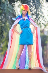 Size: 683x1024 | Tagged: safe, artist:ladymella, rainbow dash, human, g4, anime los angeles, cape, clothes, cosplay, irl, irl human, photo, solo