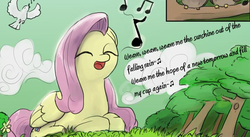 Size: 1015x556 | Tagged: safe, artist:valcron, edit, fluttershy, g4, female, peter paul and mary, singing, solo, song reference, weave me the sunshine