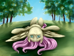 Size: 1024x768 | Tagged: safe, artist:shizyaa, fluttershy, g4, female, on back, solo