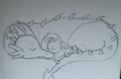 Size: 512x332 | Tagged: safe, artist:nekomel-chan, spike, sweetie belle, g4, female, interspecies, male, ship:spikebelle, shipping, sleeping, straight, traditional art