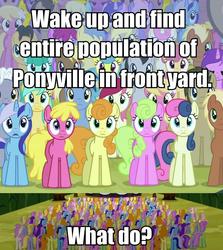 Size: 833x932 | Tagged: safe, edit, edited screencap, screencap, berry punch, berryshine, blues, bon bon, carrot top, cherry berry, cherry cola, cherry fizzy, cloud kicker, coco crusoe, daisy, derpy hooves, dizzy twister, doctor whooves, flower wishes, fluttershy, golden harvest, goldengrape, lemon hearts, lily, lily valley, lucky clover, meadow song, merry may, minuette, noteworthy, orange swirl, rainbowshine, roseluck, royal riff, sassaflash, sea swirl, seafoam, sir colton vines iii, spring melody, sprinkle medley, sunshower raindrops, sweetie drops, time turner, twinkleshine, earth pony, pegasus, pony, unicorn, g4, background pony, background pony audience, clone, female, flower trio, image macro, male, mare, meme, stallion, what do