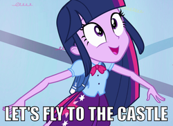Size: 823x600 | Tagged: safe, edit, edited screencap, screencap, twilight sparkle, equestria girls, g4, my little pony equestria girls, bag, clothes, cropped, equestria girls prototype, faic, female, flapping, flapping arms, happy, image macro, let's fly to the castle, looking up, pleated skirt, skirt, smiling, solo, toy