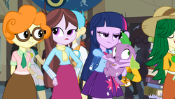 Size: 1245x701 | Tagged: safe, screencap, bright idea, micro chips, scribble dee, spike, sweet leaf, tennis match, twilight sparkle, velvet sky, dog, equestria girls, g4, my little pony equestria girls, background human, clothes, cute, cutie mark on clothes, glasses, legs together, scribblebetes, skirt, spike the dog, when you see it