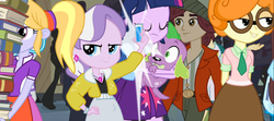 Size: 1254x558 | Tagged: safe, screencap, aqua blossom, cloudy kicks, curly winds, diamond tiara, normal norman, sandalwood, scribble dee, some blue guy, spike, tennis match, twilight sparkle, dog, equestria girls, g4, my little pony equestria girls, background human, offscreen character, spike the dog