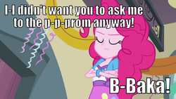 Size: 1067x600 | Tagged: safe, edit, edited screencap, screencap, pinkie pie, equestria girls, g4, my little pony equestria girls, baka, eyes closed, female, image macro, lip bite, solo, tsundere, tsundere pie