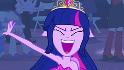 Size: 1920x1080 | Tagged: safe, screencap, diamond tiara, mystery mint, sophisticata, twilight sparkle, equestria girls, g4, my little pony equestria girls, background human, bare shoulders, big crown thingy, fall formal outfits, high heel boots, jewelry, regalia, sleeveless, strapless, this is our big night, twilight ball dress