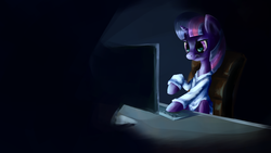 Size: 1920x1080 | Tagged: safe, artist:st-timid, twilight sparkle, g4, clothes, computer, dark, female, shirt, solo, wallpaper