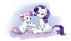 Size: 1280x744 | Tagged: safe, artist:lemondevil, rarity, sweetie belle, pony, unicorn, g4, bandaid, comforting, crying, cute, duo, female, filly, injured, magic, mare, sibling love, siblings, sisterly love, sisters, sitting, telekinesis