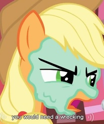 Size: 377x451 | Tagged: safe, screencap, applejack, g4, look before you sleep, female, golden oaks library, meme, mud mask, solo, youtube caption