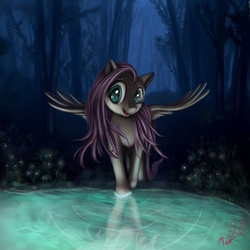 Size: 1200x1200 | Tagged: safe, artist:miokomata, fluttershy, g4, female, forest, reflection, solo, water