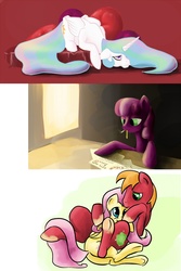 Size: 948x1420 | Tagged: safe, artist:st-timid, big macintosh, cheerilee, fluttershy, princess celestia, earth pony, pony, g4, male, ship:fluttermac, shipping, smoking, stallion, straight