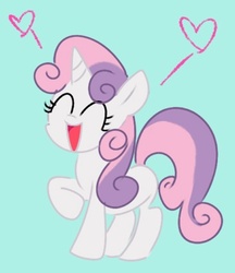 Size: 365x423 | Tagged: safe, artist:nmnkgskds, sweetie belle, pony, unicorn, g4, blank flank, blue background, eyes closed, female, filly, heart, open mouth, pixiv, simple background, solo