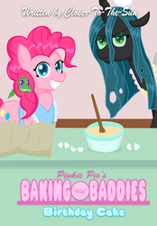 Size: 1024x1469 | Tagged: safe, artist:taco-bandit, gummy, pinkie pie, queen chrysalis, alligator, changeling, changeling queen, earth pony, pony, g4, apron, bowl, clothes, egg, eggshell, fanfic, mixing bowl, text