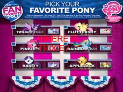 Size: 960x720 | Tagged: safe, applejack, fluttershy, pinkie pie, rainbow dash, rarity, trixie, twilight sparkle, alicorn, pony, g4, contest, favorite pony, female, mane six, mare, sethisto, the hub, twilight sparkle (alicorn)