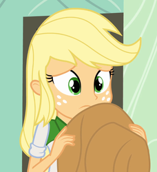 Size: 669x733 | Tagged: safe, screencap, applejack, equestria girls, g4, my little pony equestria girls, female, hat, sad, solo, unhapplejack