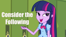 Size: 1920x1080 | Tagged: safe, edit, edited screencap, screencap, twilight sparkle, equestria girls, equestria girls (movie), bill nye the science guy, consider the following, female, image macro, solo