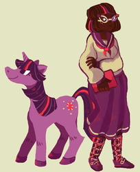 Size: 1261x1542 | Tagged: safe, artist:jununy, twilight sparkle, human, unicorn, g4, clothes, dark skin, glasses, humanized, self ponidox, simple background, skirt