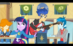 Size: 1680x1050 | Tagged: safe, screencap, flash sentry, thunderbass, twilight sparkle, valhallen, equestria girls, g4, my little pony equestria girls, background human, fake ears, guitar, helping twilight win the crown, pony ears, wondercolts, wondercolts uniform