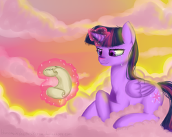 Size: 1000x800 | Tagged: safe, artist:yukomaussi, twilight sparkle, alicorn, pony, g4, cloud, cloudy, crying, female, magic, mare, reading, scroll, solo, twilight sparkle (alicorn)