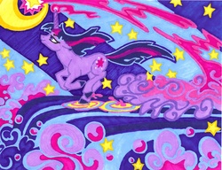 Size: 3299x2533 | Tagged: safe, artist:foldawaywings, twilight sparkle, pony, unicorn, g4, abstract background, cloud, crescent moon, female, galloping, mare, marker drawing, moon, realistic horse legs, solo, stars, traditional art, unicorn twilight, water, waterfall