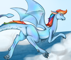 Size: 1195x1000 | Tagged: safe, artist:fearingfun, rainbow dash, dragon, g4, cute, dashabetes, dragonified, female, flying, rainbow dragon, solo, species swap