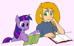 Size: 935x581 | Tagged: safe, artist:the-kigo-king, twilight sparkle, human, pony, unicorn, g4, artifact, book, crossover, duo, female, kim possible, kim possible (character), mare, reading, unicorn twilight