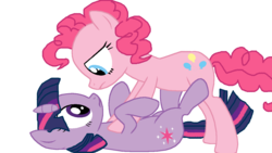 Size: 1366x768 | Tagged: safe, artist:thepozistardaughter, pinkie pie, twilight sparkle, g4, female, lesbian, on back, ship:twinkie, shipping