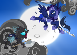 Size: 4241x3000 | Tagged: safe, artist:abydos91, oc, oc only, changeling, axe, cloud, cloudy, fight, moon, spear